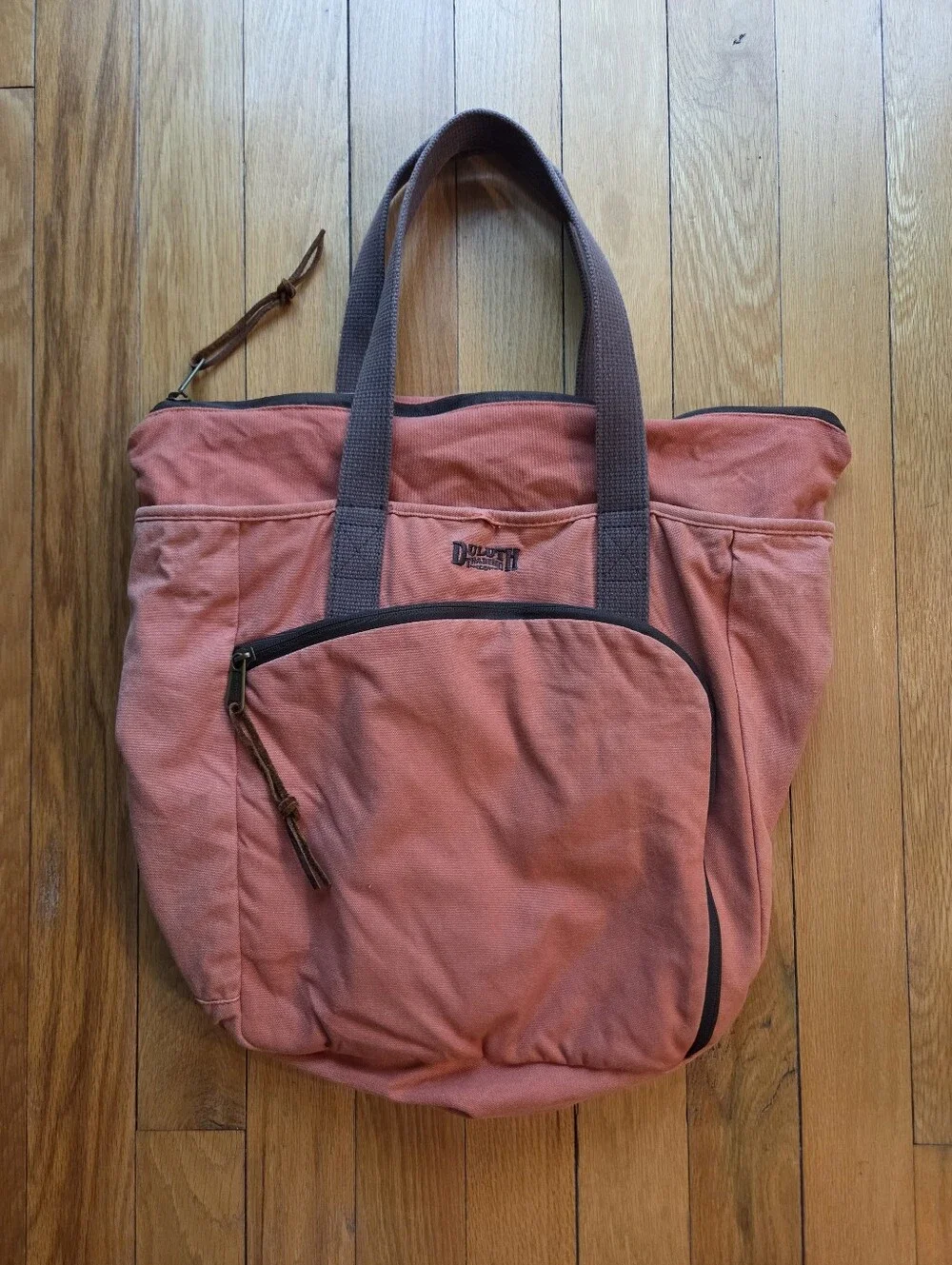 Duluth Trading Co Salmon Pinkl Canvas Tote with Brown Straps
